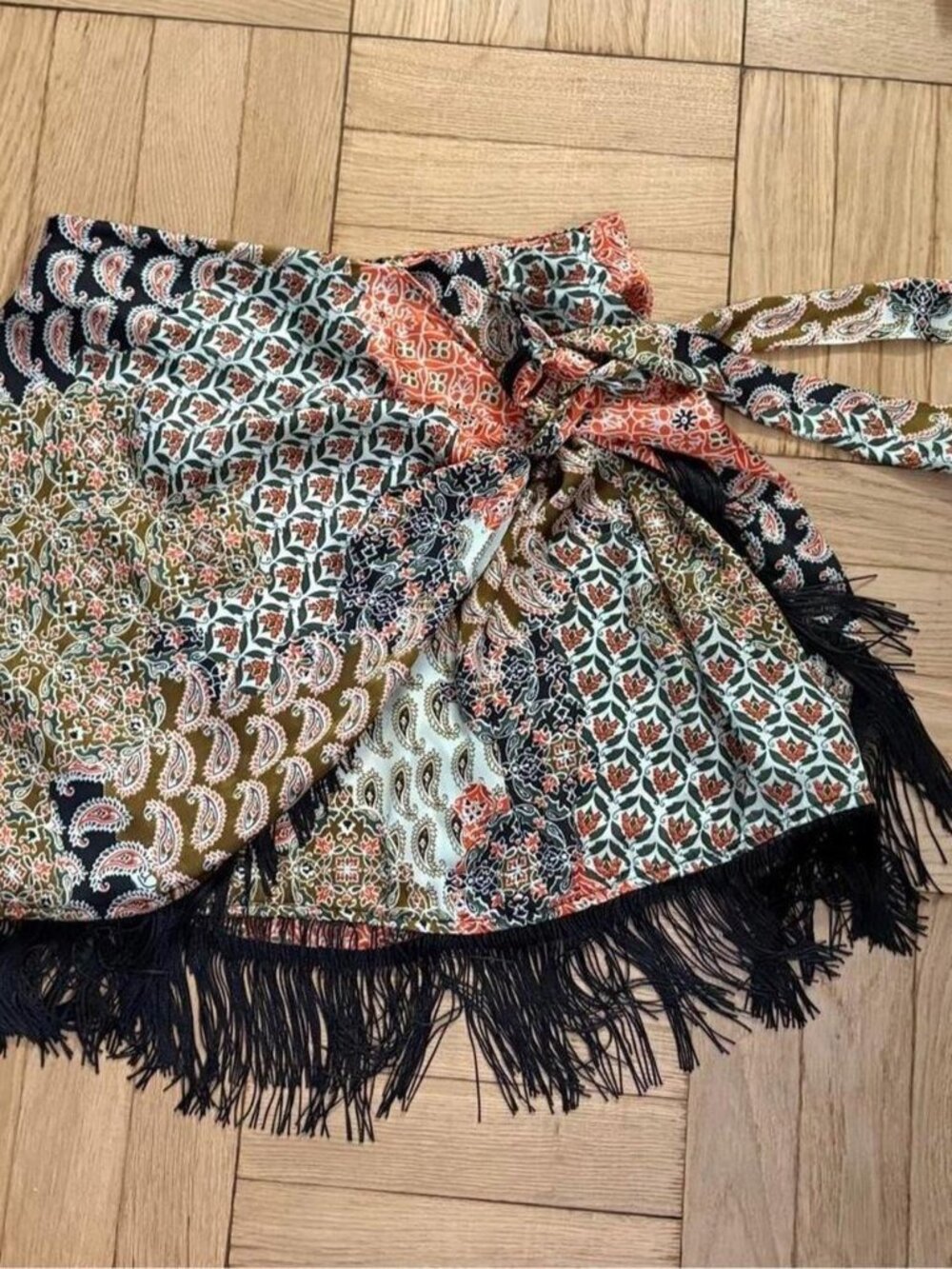 Zara quirky paisley and geometric print wrap skirt with fringe - size L